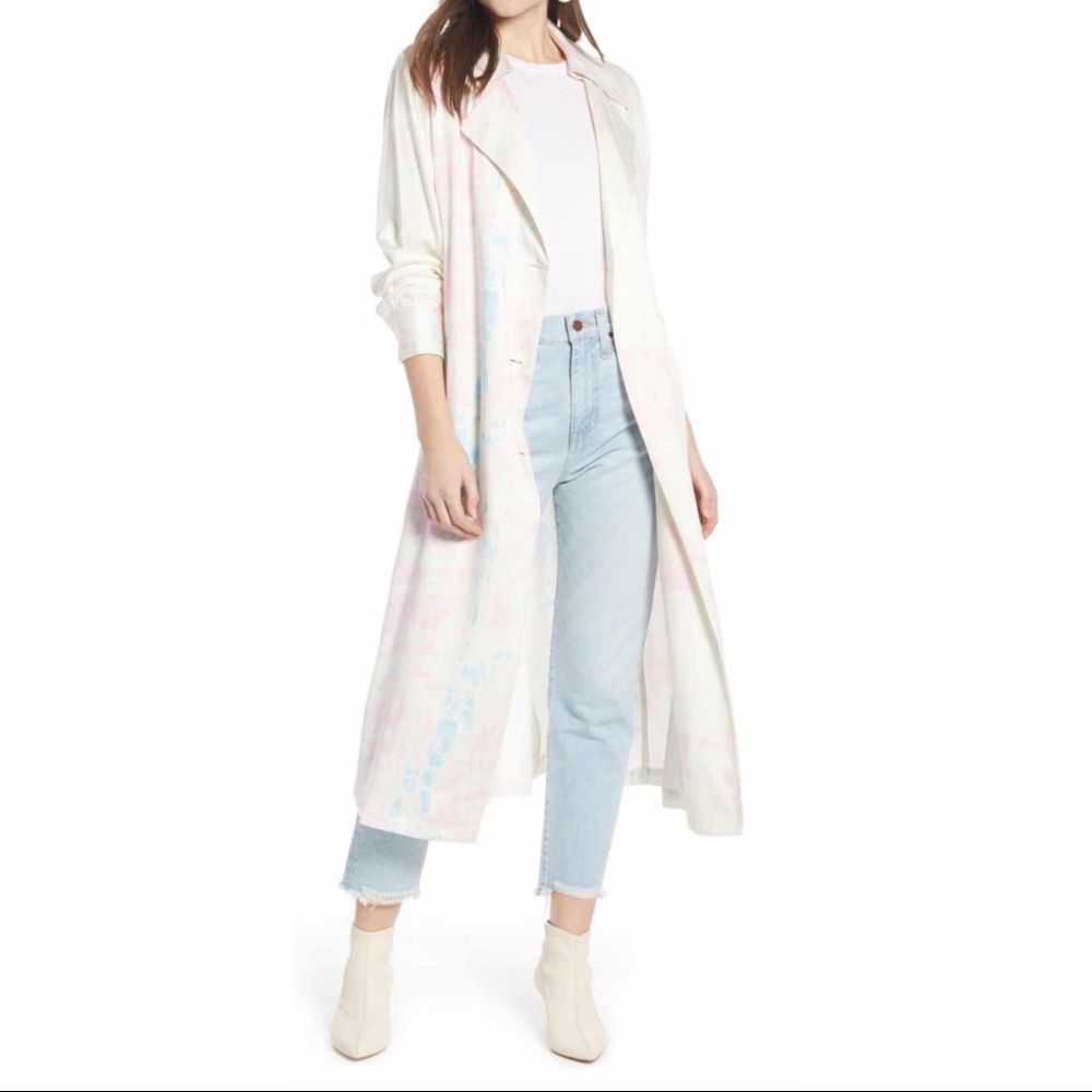 Something Navy Satin Trench Coat Pink Blue Tie Dye - Picture 2 of 6
